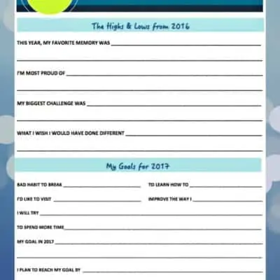 Look back at 2016 and record your memories & biggest challenges. Look ahead to the New Year and setting goals for 2017 Printable.