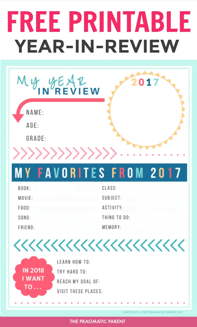 Free kids printable Year in Review to fill out. What a fun family activity to do on New Year's Eve. Reminisce about the year and set goals for the new year. Precious keepsake to pull out later in life and see how each of your children has grown and changed.