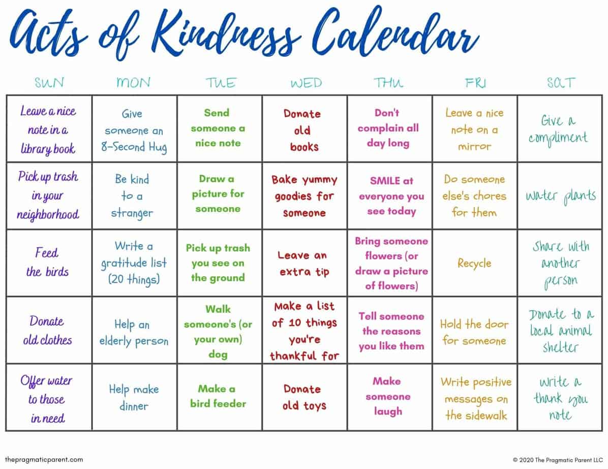 35 Random Acts of Kindness Calendar (Free Printable)
