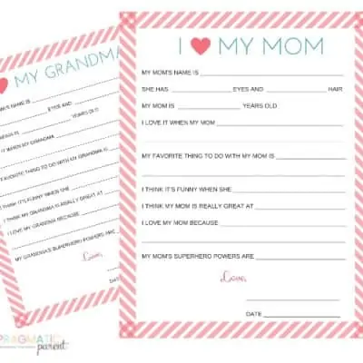 Mother's Day Printables for children to fill out for Mom and Grandma on Mother's Day